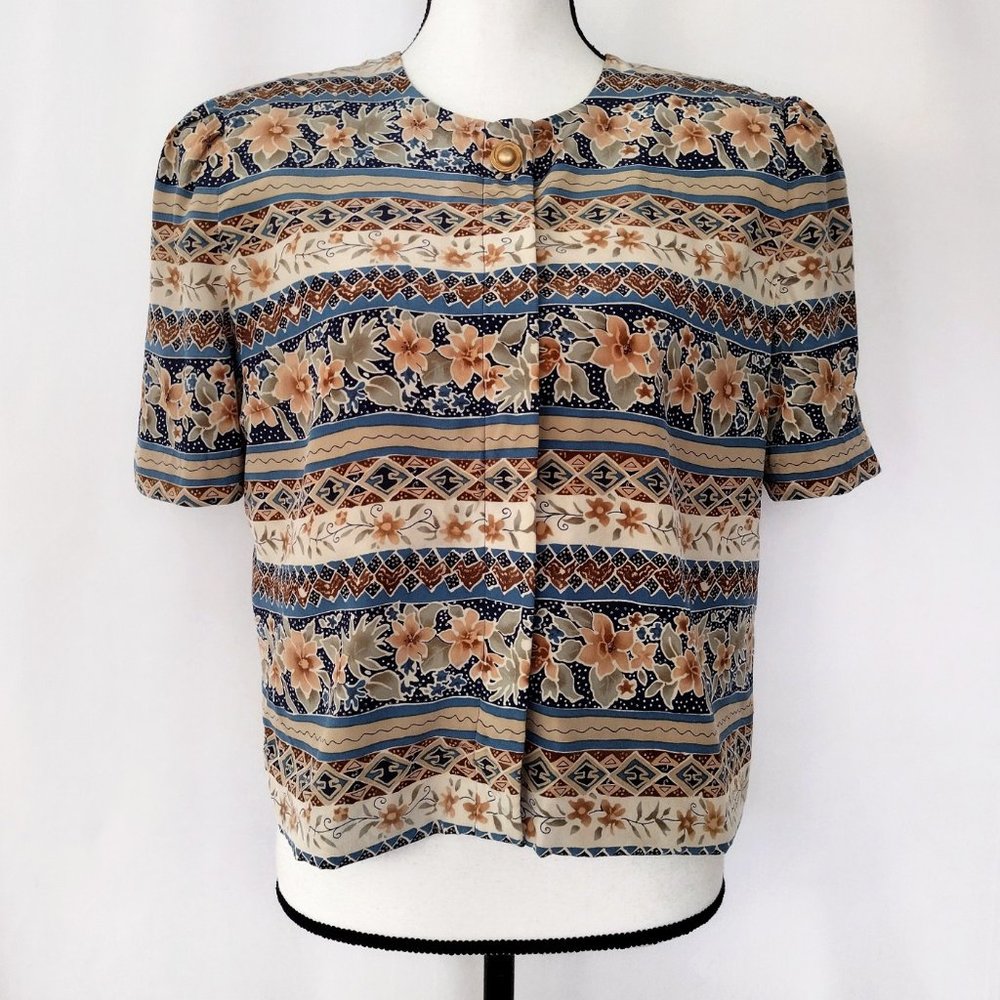 Vintage 1990s Striped Floral Print 100% Silk Light Jacket